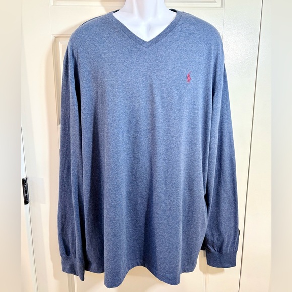 Ralph Lauren Classic Fit Polo Long Sleeve V Neck Shirt Heather Blue Mens XL💚 - Picture 1 of 8